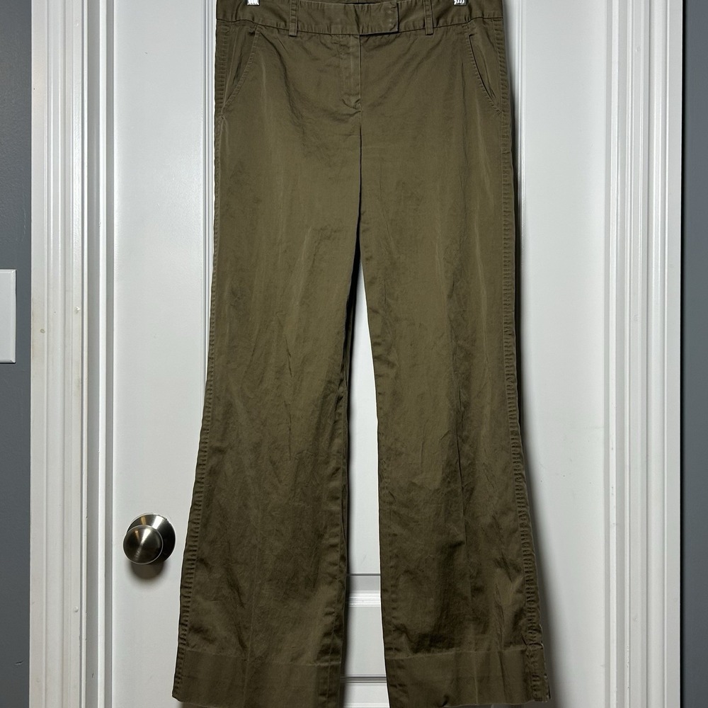 BCBGMAXAZRIA Olive Sateen Cotton‎ Straight Leg Trousers Old Money 70s Boho Style